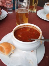 goulash soup for lunch in Hamburg Germany with ALSTERWASSER (tastes like beer with a touch of lemon)